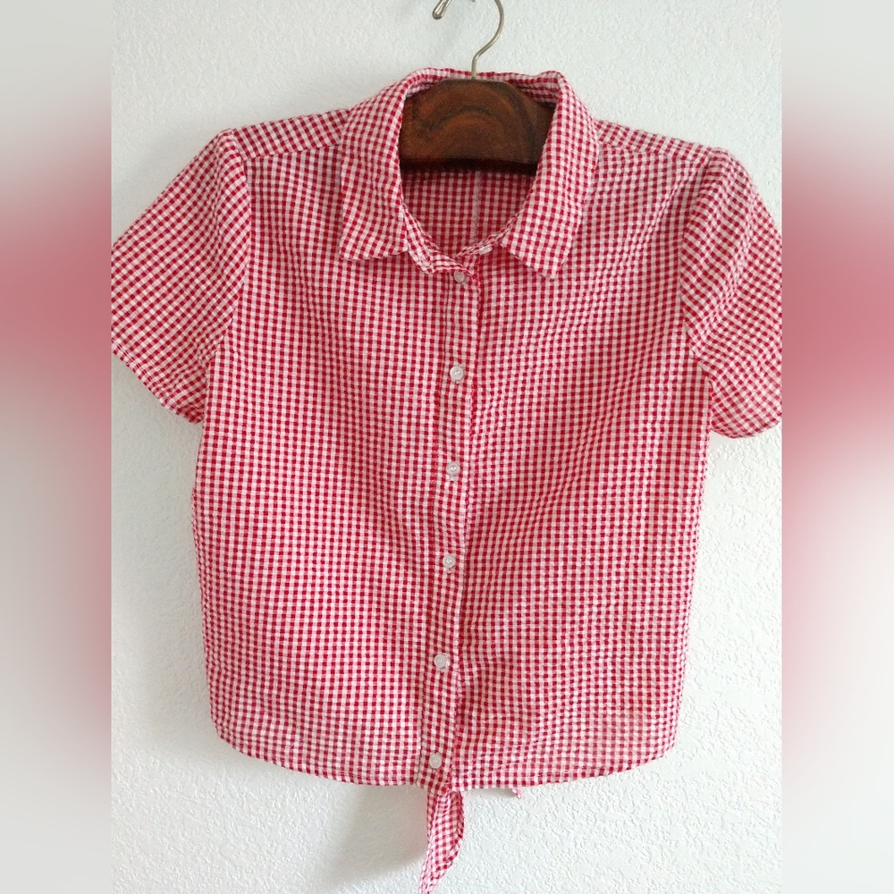 Red Gingham CROP Top Shirt Tie Detail Forever 21 Picnic Summer Size Medium
